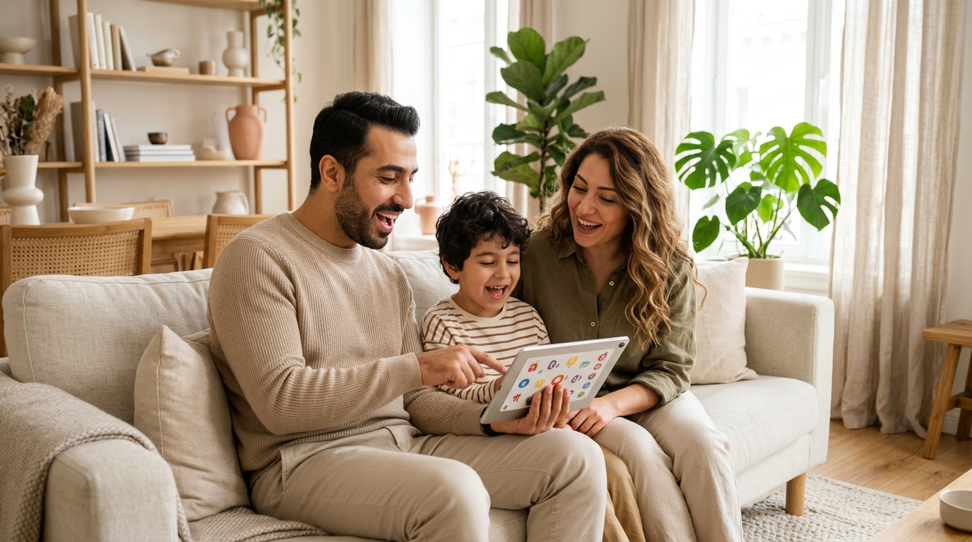 Evde çocuklarıyla birlikte ses etkinliği yapan anne ve baba